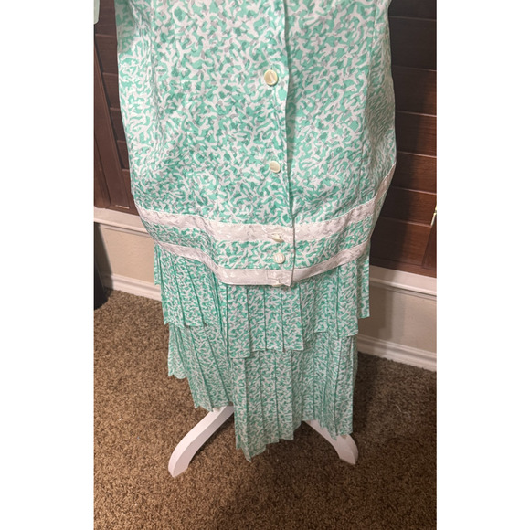 Vintage Maggy Boutique Skirt Set sz 12 Green White Satin 80s Pleated Tiered Midi - Picture 6 of 9